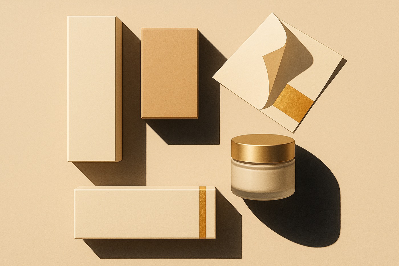 Minimalist premium packaging flat-lay in warm tones with gold foil.