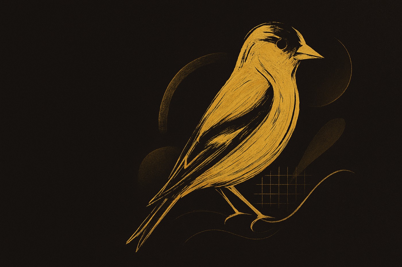 A goldfinch rendered in gold brushstrokes over fine linework on a dark background.